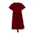 Burgundy dress detail showing the asymmetrical draped skirt, short sleeves, and waist tie design. - S / Burgundy