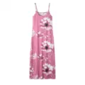 Close up detail of pink floral print maxi slip dress with thin straps and elegant summer style. - Pink