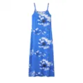 Blue floral print fabric detail, sleeveless strap design and elegant long hemline features. - Blue
