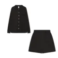 Γυναικείο μαύρο ριμπ σετ loungewear μακρυμάνικο πουκάμισο και σορτς πιτζάμες casual κοστούμι - S / Τοπ και Παντελόνι / Μαύρο