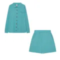 Conjunto de loungewear para mujer top de manga larga acanalado y pantalones cortos - Azul claro