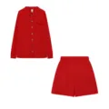 Conjunto de pijama de pantalones cortos y camisa de manga larga acanalada roja para mujer a diario - Rojo