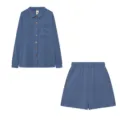Conjunto de loungewear acanalado con botones para mujer, camisa manga larga y shorts pijama - Azul marino