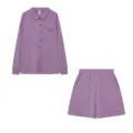 Conjunto de loungewear morado de punto acanalado con camisa de manga larga. - Púrpura