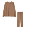 Casual solid color long sleeve top and pants lounge set, comfortable loose fit two piece set. - Khaki
