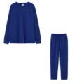 Solid color long sleeve top and casual pants loungewear set for women daily wear. - Blue