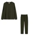 Dark green long sleeve top and pants lounge set, loose casual outfit for daily wear. - Army Green