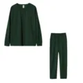 Solid color long sleeve top and loose pants casual loungewear set for women autumn style. - Dark Green