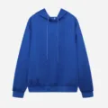 Close-up detail of the blue jacquard long sleeve hoodie with drawstring hood and knit texture. - S / Tops / Sapphire Blue