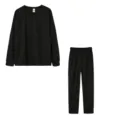 Conjunto casual negro de top de manga larga y pantalón, cómodo atuendo liso diario. - S / Top y Pantalones / Negro