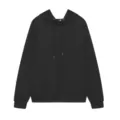 Black jacquard hooded drawstring long sleeve sweatshirt, casual loose fit pullover top detail view. - S / Tops / Black