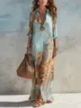 Abito maxi lungo stampa vintage boho maniche lunghe donna elegante moda vacanza al mare - XS / Azzurro