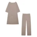 Dames casual katoen linnen tweedelig set met asymmetrische top met lange mouwen en broek. - Khaki