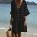 Casual solid V-neck short sleeve romper with eyelet trim for women beach holiday wear. - S / Black