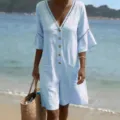 Women short sleeve V-neck solid color casual resort romper with eyelet lace details. - S / Blue