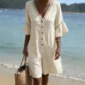 Casual V-neck short sleeve solid color romper with eyelet trim and front pockets for summer beach wear. - S / Apricot