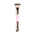 Double-headed makeup brush with pink handle, versatile flat and angled bristles for face. - Pink