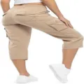 Women lightweight cargo capri pants casual outdoor hiking travel multi pocket shorts details - 3XL / Bottoms / Khaki