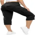 Detailed view of black women's capri cargo pants featuring multiple utility pockets and comfort. - 3XL / Bottoms / Black