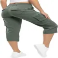 Detail view of women green cargo capris showing side pockets and casual outdoor fit. - 3XL / Bottoms / Gray