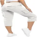 Detail view of women light grey cargo capri pants, featuring multi-pockets and lightweight fabric. - 3XL / Bottoms / White