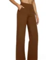 Detail shot of women's high-waisted loose straight casual pants in brown with side pockets. - Dark Brown
