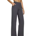 Detailed view of dark gray high waist loose straight casual trousers with side pockets. - Gray