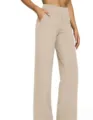 Close-up detail of high-waisted casual straight trousers featuring convenient front pockets. - S / Bottoms / Apricot
