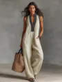 Elegant linen blend sleeveless jumpsuit with front zipper and stand collar for women. - 3XL / Jumpsuit / Apricot