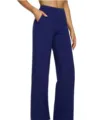 Detailed view of women's solid navy blue high-waisted wide-leg trousers with practical pockets. - Sapphire Blue