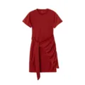 Close-up detail of red short sleeve dress featuring stylish waist tie and elegant ruched hem. - Brick Red