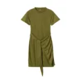 Olive green short sleeve round neck irregular dress with waist belt and side pleats. - S / Army Green