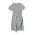 Grey short sleeve dress detail showing crewneck, side ruched gathering and wrap tie belt. - Grayish White