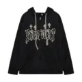 Casual Zip Up Hoodie Black Gothic Cross Print Loose Outerwear Men Women Variant S - Black