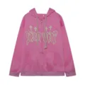 Pink zip-up hoodie with gothic letter print and cross details, casual streetwear style. - S / Tops / Pink