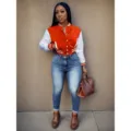 Colorblock varsity jacket for women, casual button-down fall outerwear, stylish and chic. - Orange