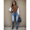 Women autumn colorblock varsity jacket, brown and white single-breasted casual sportswear. - Brown
