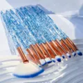 10pcs crystal glitter makeup brush set detail view featuring blue handles and bristles - 10 Piece Set / Blue
