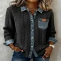 Women denim spliced knit cardigan jacket, casual long sleeve lapel button-down shirt top. - S / Tops / Dark Gray