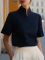 Elegant dark blue short sleeve blouse with stand collar, perfect for stylish daily commuting. - Navy Blue