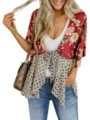 Damen Blumenmuster V-Ausschnitt Chiffon Bluse Freizeit Bindeborn Kurzarm Sommer Hemd - S / Dunkelrot