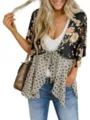 Sommer lässige Blumenmuster Bindung V-Ausschnitt Chiffon Bluse Detailansicht, atmungsaktiv chic. - S / Schwarz