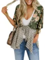 Damen Blumenprint V-Ausschnitt Chiffonbluse mit Bindeband vorne und modischem Patchwork Detail. - S / Dunkelblau