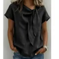 Elegante top donna maniche corte in lino con nodo frontale chic, camicetta estiva casual. - Nero
