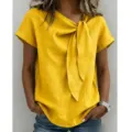 Donna Casuale Giallo Manica Corta Nodo Collo Cotone Lino Camicetta Moda Top Estivo - 3XL / Top / Giallo