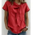 Camicetta casual rossa a maniche corte con fiocco estate cotone lino top donna moda - 3XL / Top / Rosso