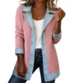 Stylish women pink knit cardigan with blue denim patchwork lapel long sleeve casual coat - S / Pink