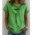 Bella Camicetta Donna Manica Corta Verde Casual Estate Cotone Lino Top Variante Stile Nuovo - 3XL / Top / Verde