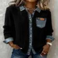 Women denim spliced knit cardigan casual long sleeve button down shirt top for autumn - Black