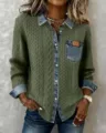 Women contrast denim knit cardigan long sleeve button up shirt casual top stylish outerwear - Army Green